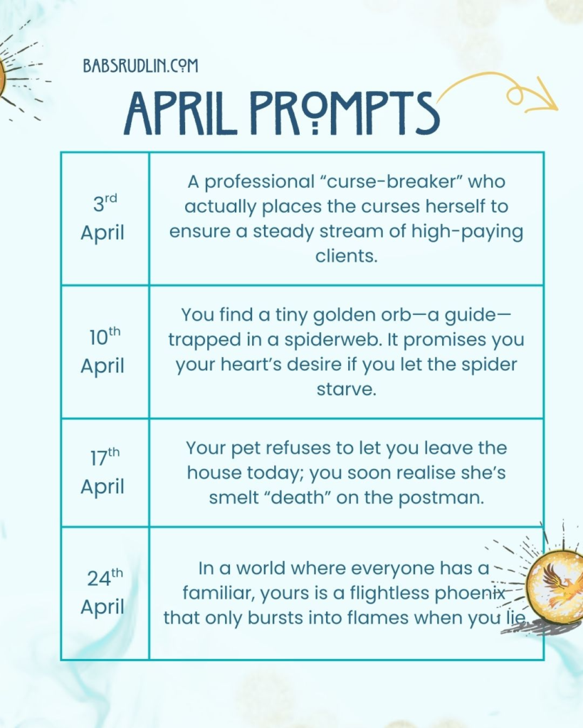 Dreamy teal and gold flames against a light background, golden orbs float around the text, #FlashFridayFiction April Prompts