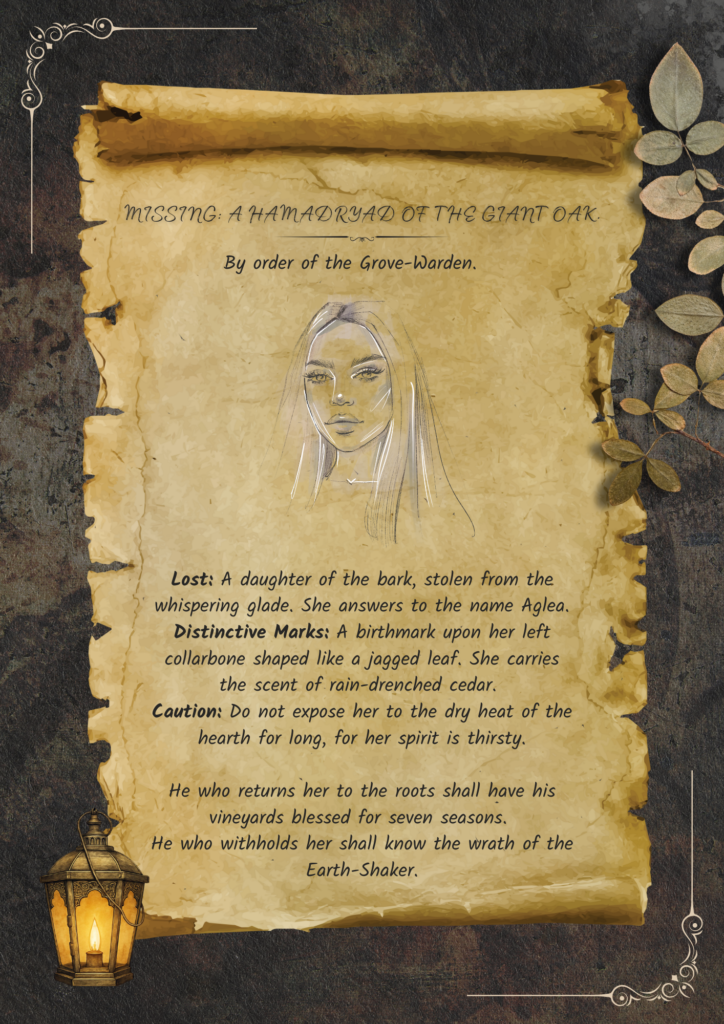 A weathered, 'Missing' poster featuring a portrait of a Dryad. The figure has a haunting, ethereal quality. Below the image, bold, distressed lettering reads 'MISSING,' followed by a description of their last seen location The paper is slightly yellowed and damp at the corners, a simple scroll with a lamp and a twig of leaves