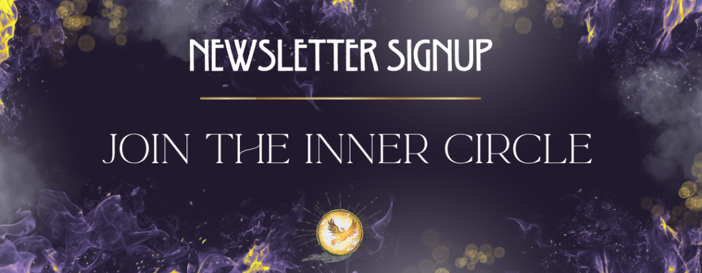 Dreamy purple and gold flames against a dark background, golden orbs float around the text Newsletter signup join the inner circle