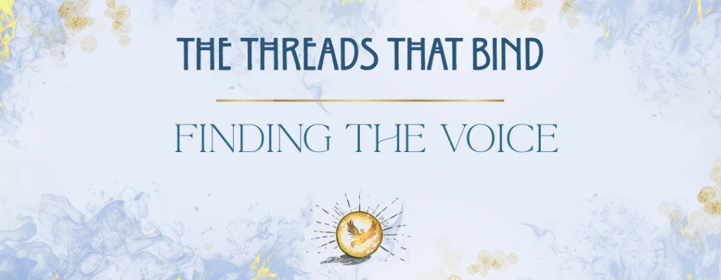 Dreamy blue and gold flames against a light background, golden orbs float around the text, The Threads That Bind: Finding the Voice