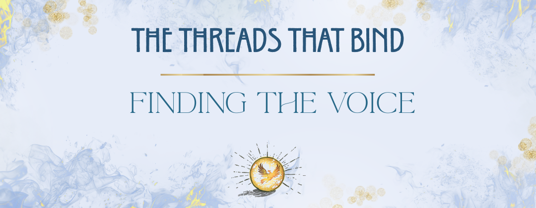 Dreamy blue and gold flames against a light background, golden orbs float around the text, The Threads That Bind: Finding the Voice