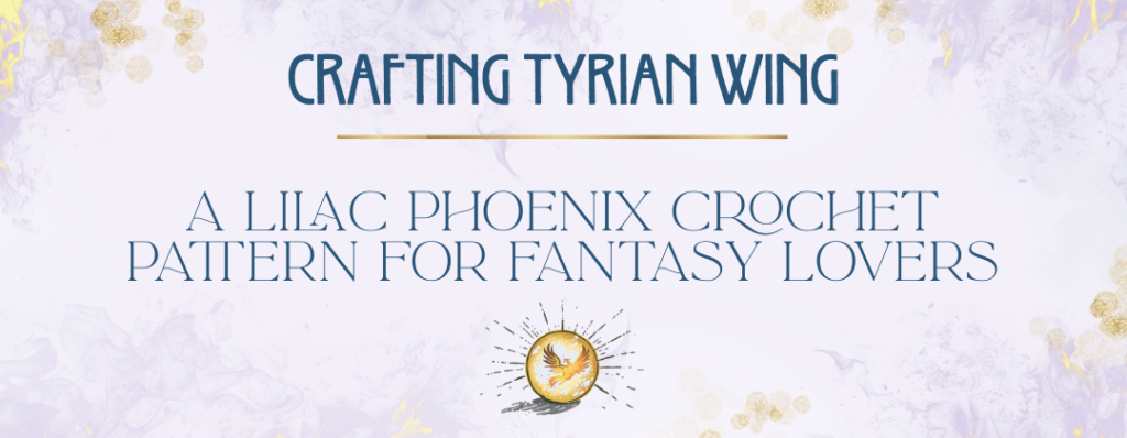 Dreamy lilac and gold flames against a light background, golden orbs float around the text, A Lilac Phoenix Crochet Pattern for Fantasy Lovers