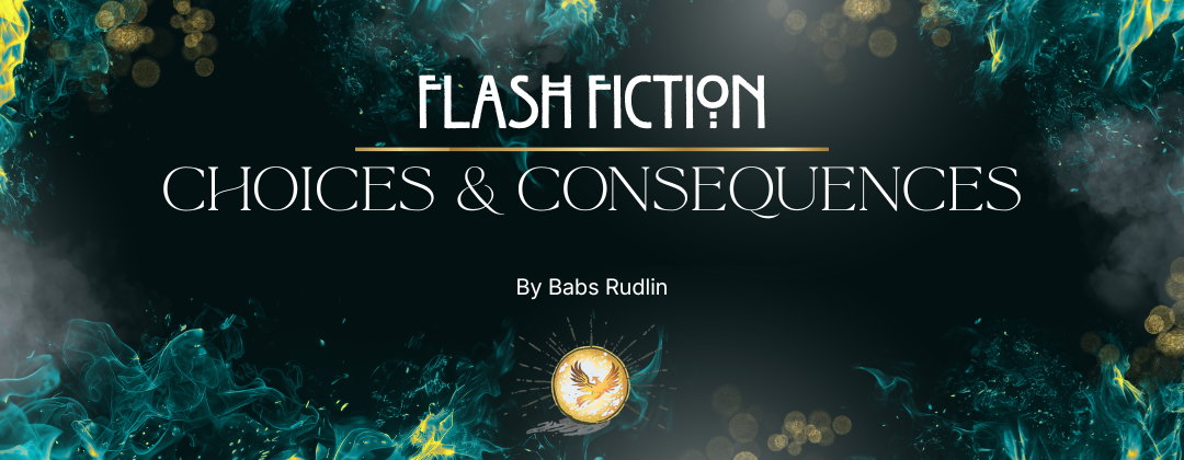 Dreamy green and gold flames against a dark background, golden orbs float around the text Flash Fiction Choices & Consequences