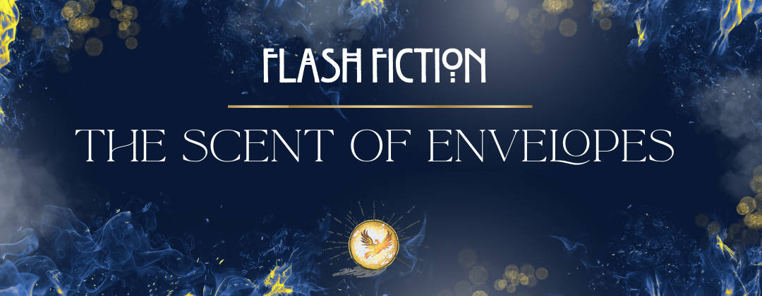 Dreamy blue and gold flames against a dark background, golden orbs float around the text Flash Fiction The Scent of Envelopes