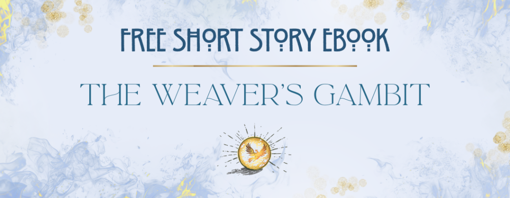 Dreamy pale blue and gold flames against a light background, golden orbs float around the text, free short story ebook: The Weavers Gambit