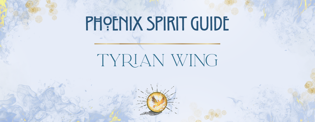 Dreamy pale blue and gold flames against a light background, golden orbs float around the text, phoenix spirit guide tyrian wing