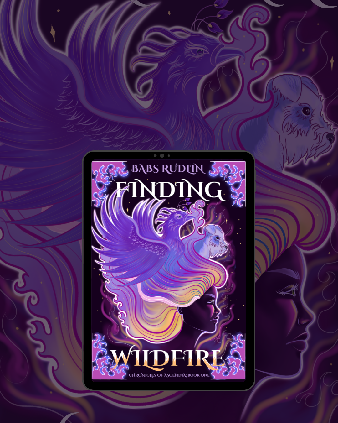 a kindle showing the front cover of Finding Wildfire. Finding Wildfire cover art graphic. A girl with hair flaming in gold and purple, with pink highlights, flowing ino a royal purple phoenix and a small dog. All looking to the right.