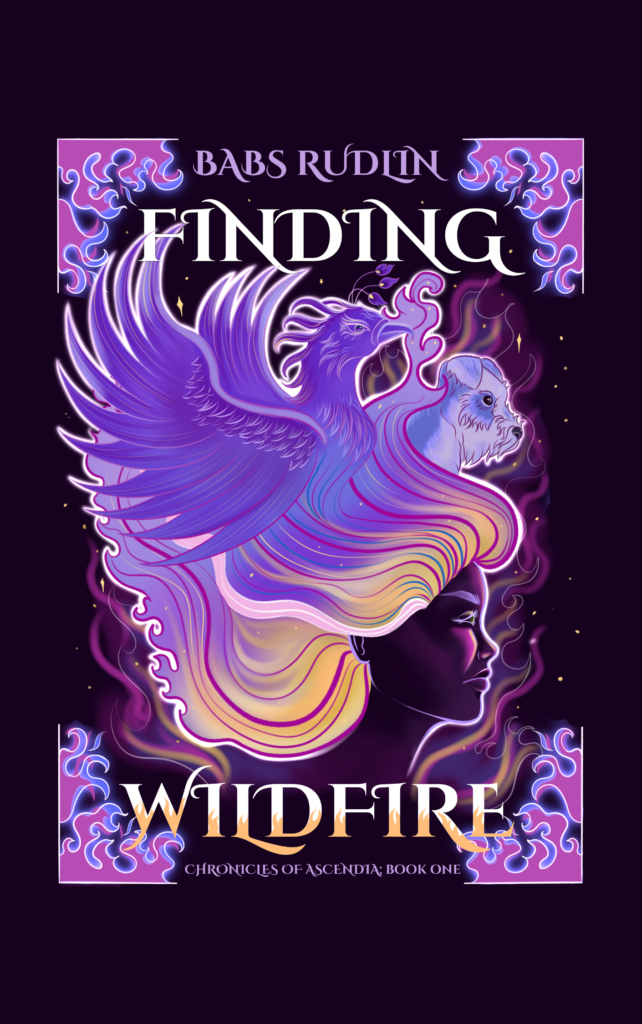 Finding Wildfire cover art. Showing a girl, purpl phoenix and a small dog all looking to the right on a dark purple backgrouns wth lilac, pink and gold flames.