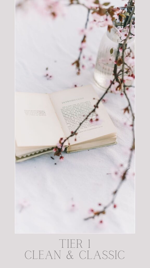 photo of an open book with floral elements. Text reads: Tier 1 - clean and classic
