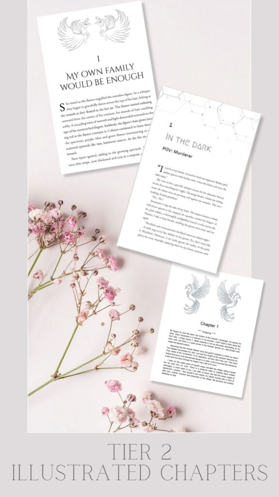 Three sample first pages with illustrated chapter headers: Text reads: Tier 2 - Illustrated chapters