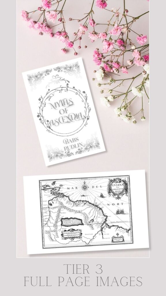 A Sample Full page illustration for the Title Page and a fantasy full page map: Text reads: Tier 3 - Full Page Images