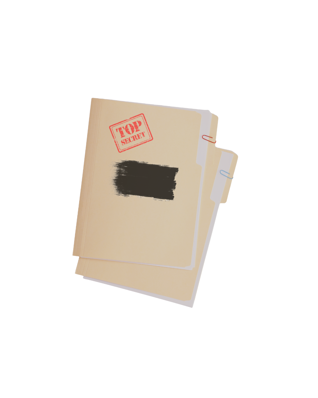 image of file folders with a redacted black  ink patch and tope secret red stamp